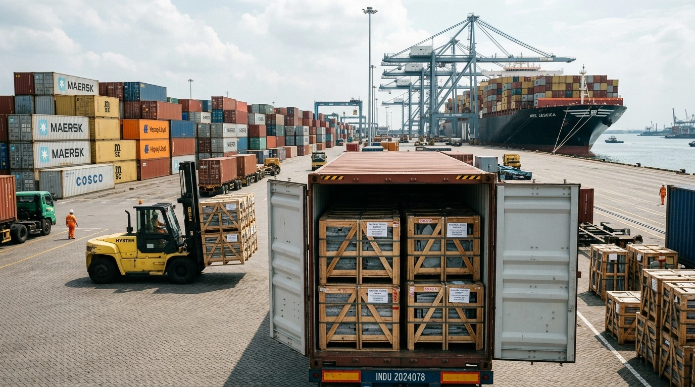 Opened container on a trailer at the port holding crates of stone, with a forklift carrying a further crate past it and container stacks and a vessel behind