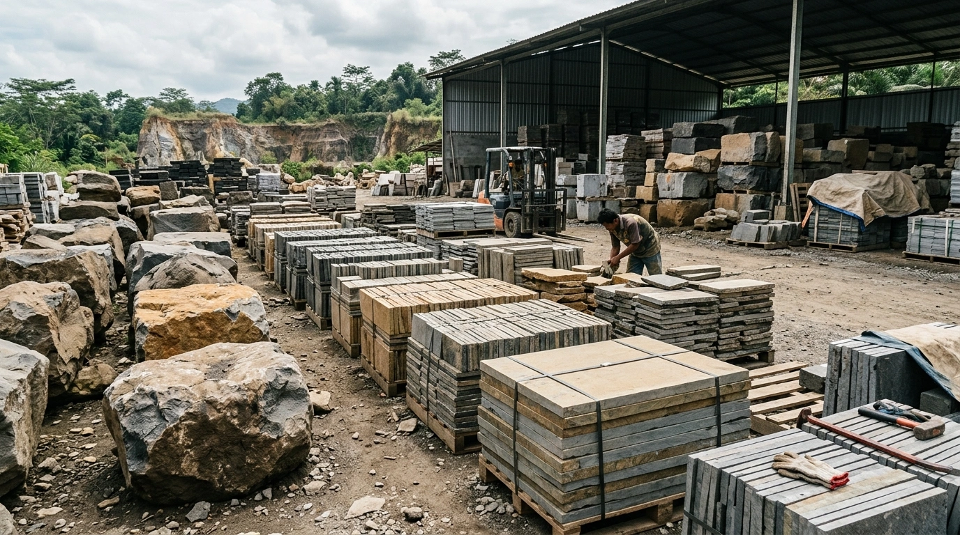 Stone yard with sawn slabs stacked on pallets, uncut blocks waiting behind them, a forklift and a covered work shed, and the quarry bench standing above the yard