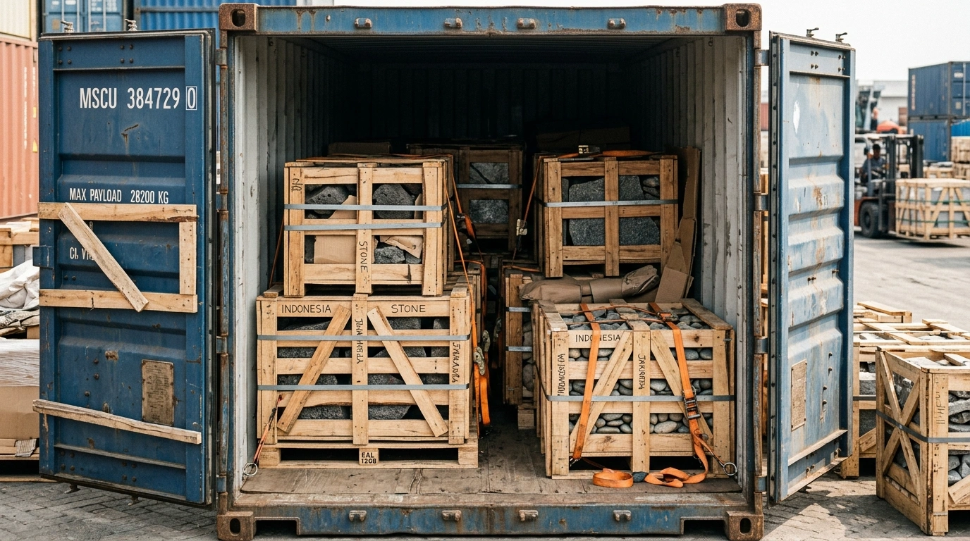 Open container with crates of stone arranged in two tiers inside, braced with timber and held by straps