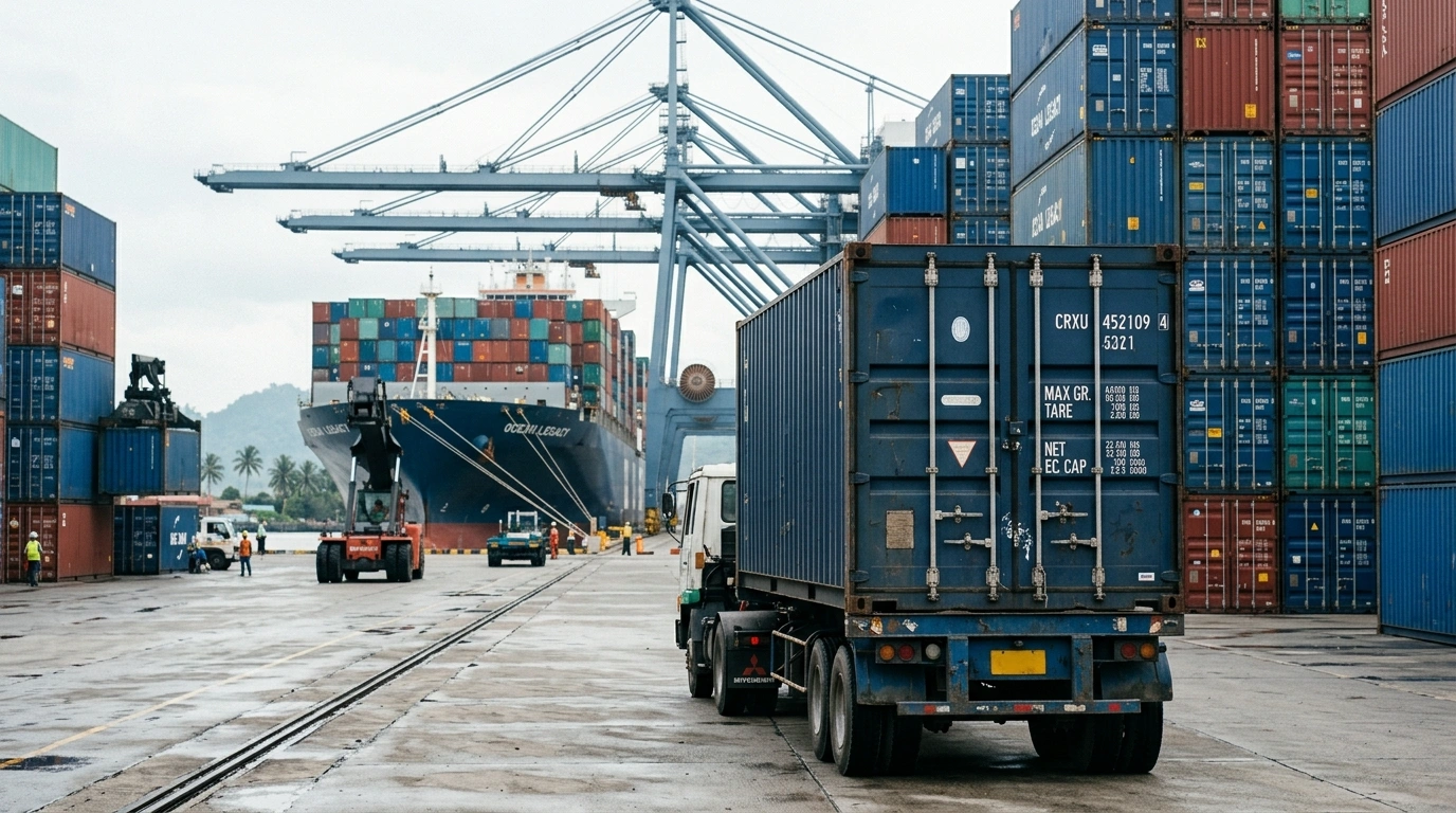 Container on a truck on the quay, with stacked containers either side, gantry cranes overhead and a container vessel loading at the berth