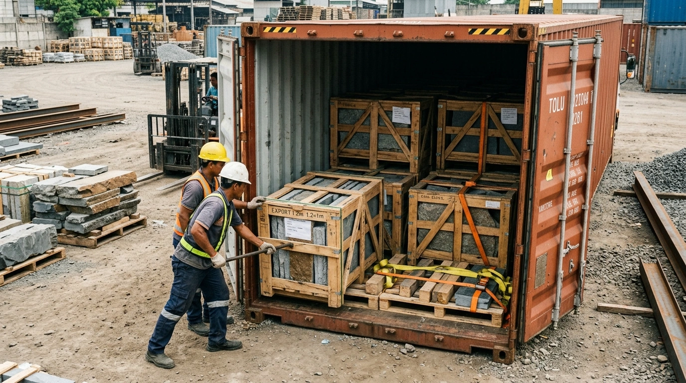 Two workers guiding a timber crate of stone into an open container, with more crates already placed and strapped inside