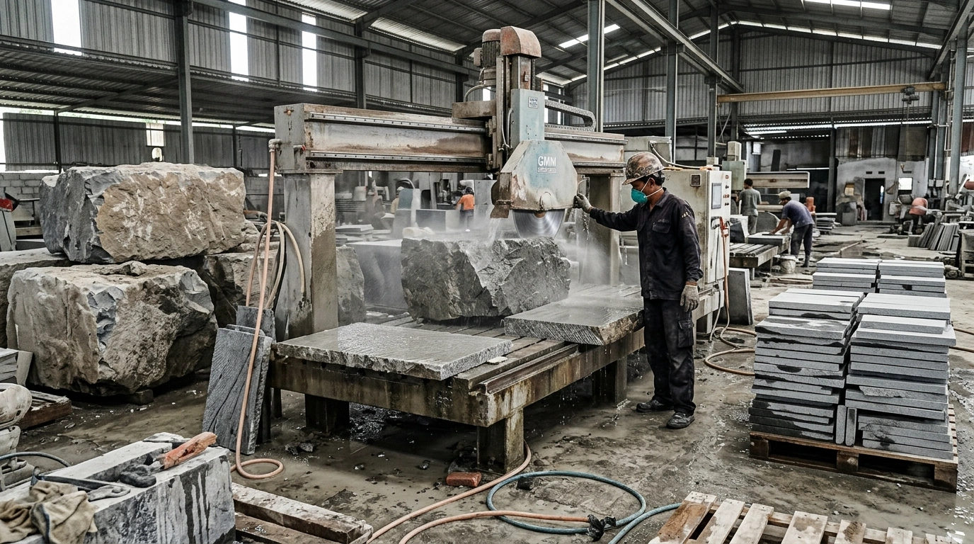 Bridge saw cutting a stone block on the bed under running coolant water, with the cut slabs to one side and finished pieces stacked on a pallet