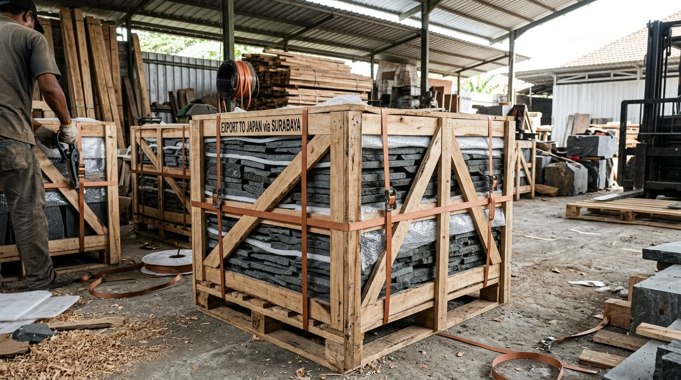 Timber crates packed with stone and banded shut in a yard, with a shipping mark stencilled across the face of one crate