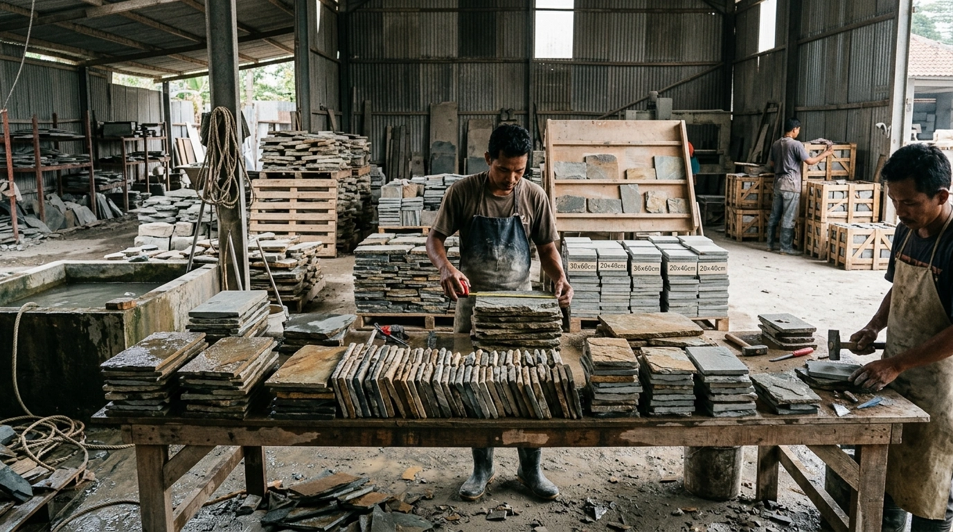 Workers dressing stone tiles at a timber bench, with sorted piles in front of them and timber crates marked with their format sizes stacked behind