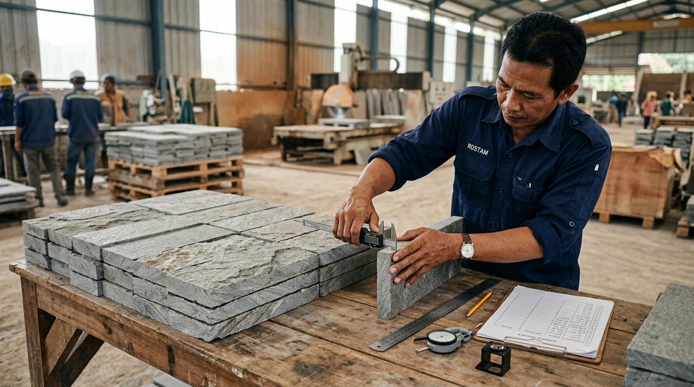 Inspector measuring the thickness of a stone tile with a caliper at a timber bench, with a steel rule, a gauge and a written check sheet laid out beside the piece