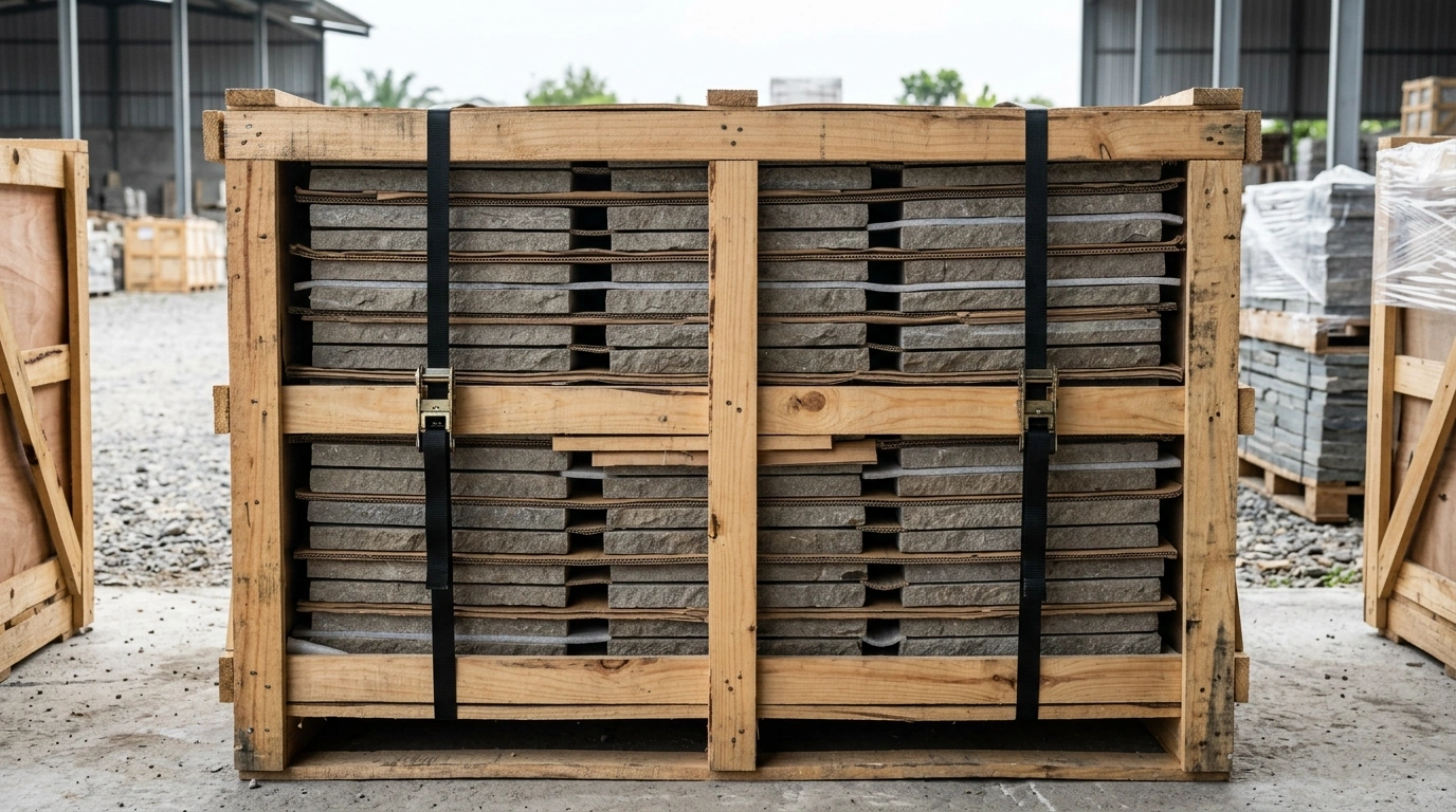 Timber export crate packed with layers of stone, with sheeting between the layers and two straps tensioned across the face