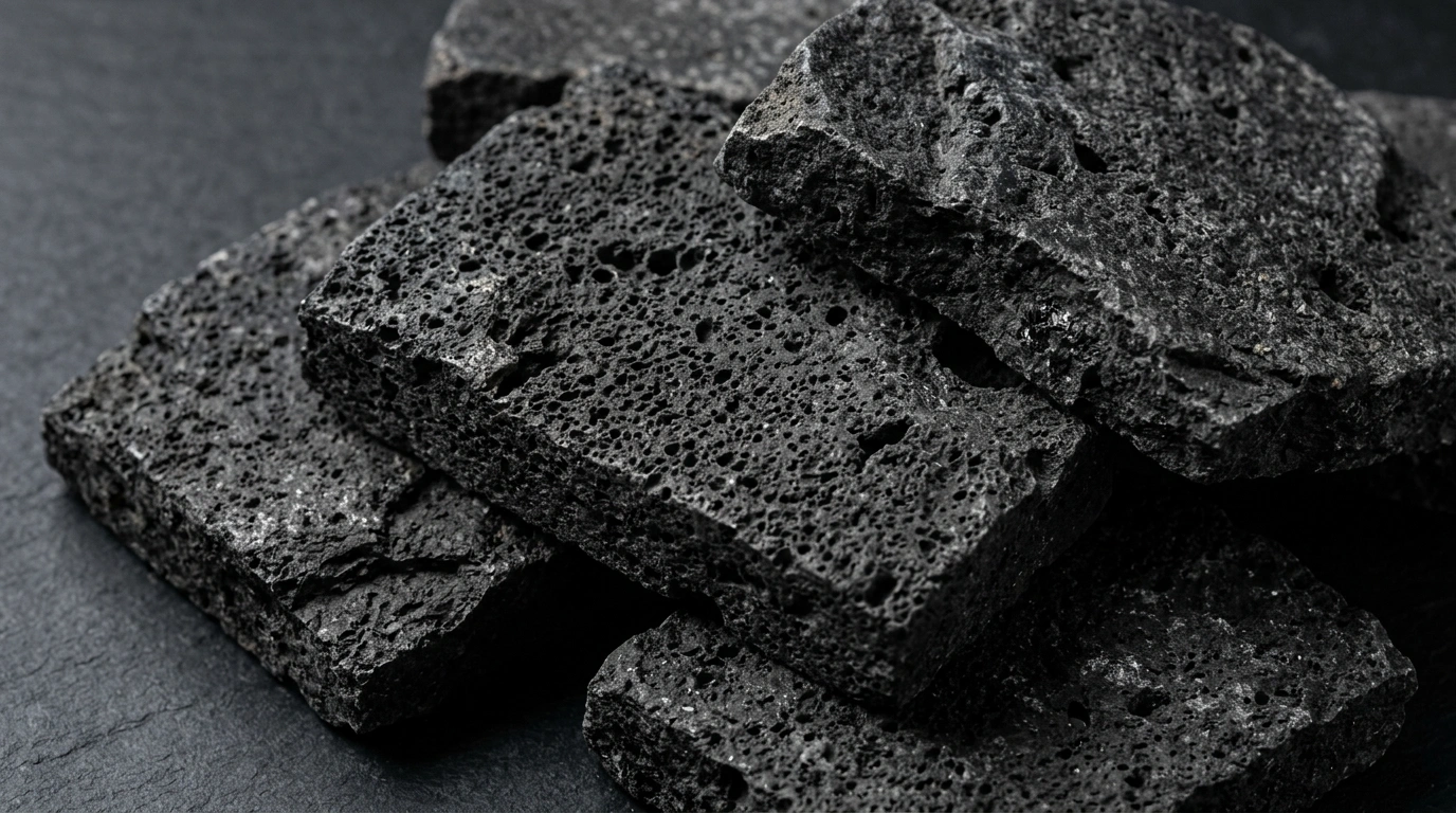 Black Lava Stone tiles seen close up, showing the pitted surface and the charcoal tone moving from piece to piece