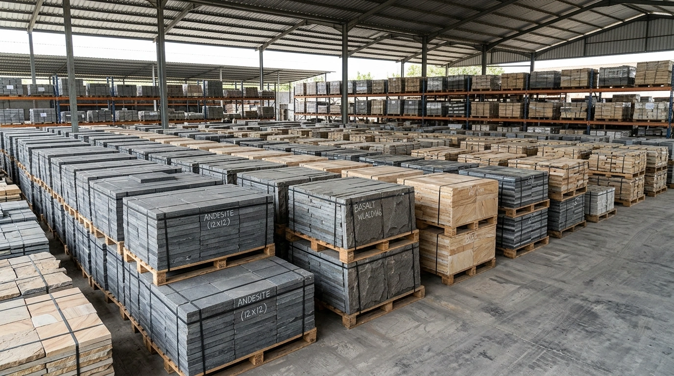 Covered store holding pallets of finished stone, each pallet labelled with its stone and format, with the roof trusses above