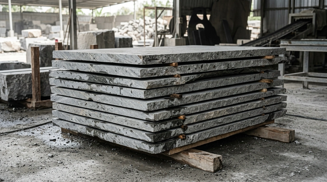 Freshly cut grey slabs stacked on timber bearers under the shed roof, with water still standing on the faces