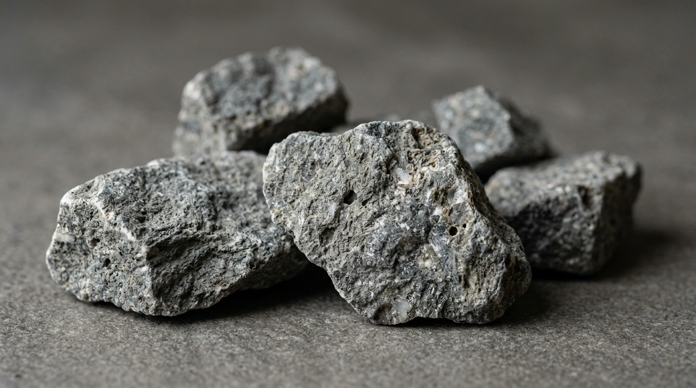 Andesite Stone pieces seen close up, showing the even grey tone and the broken edges of the raw stone