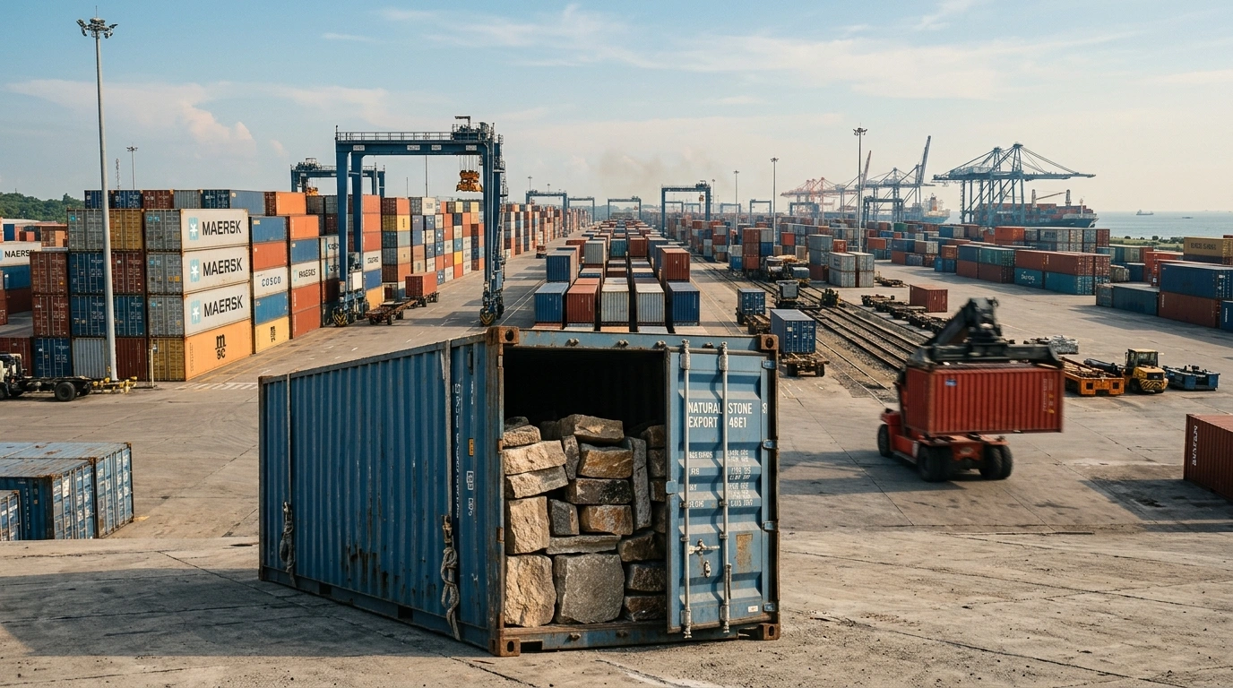 Container stacks in the export yard with a reach stacker alongside, and an open container holding sawn stone pieces strapped in place