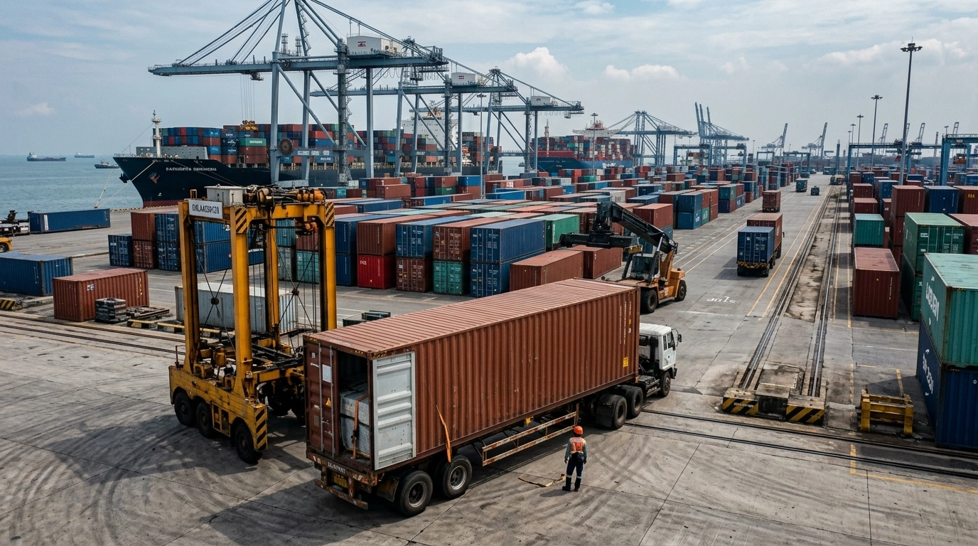 Container terminal with gantry cranes over the stacks, a reach stacker lifting a container, and a vessel loading at the berth