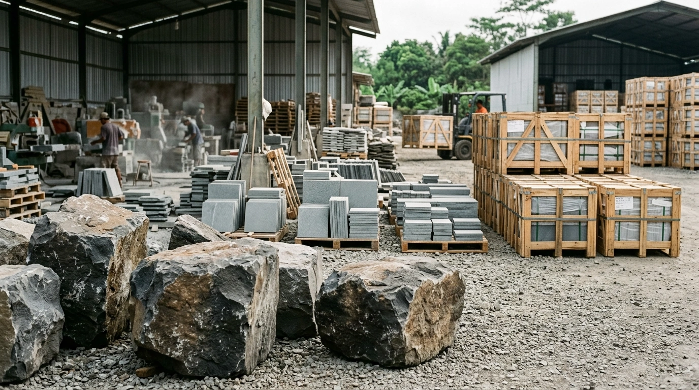 Yard in three depths: raw blocks in front, pallets of cut pieces behind them, and timber crates stacked outside the work shed at the back, with a forklift at the shed