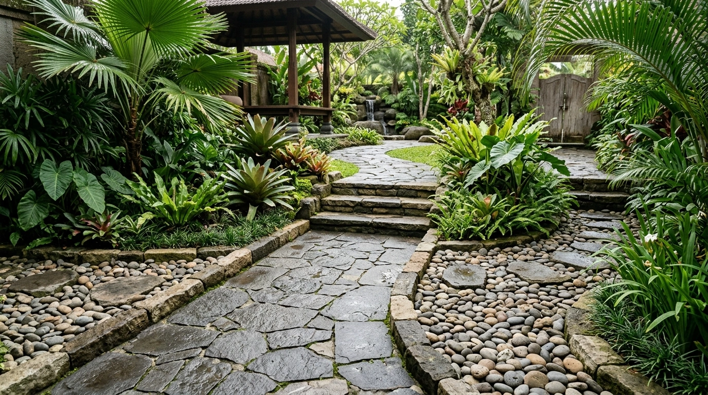 Garden path of irregular stone flags laid through pebble borders, with stone steps and a timber pavilion behind the planting