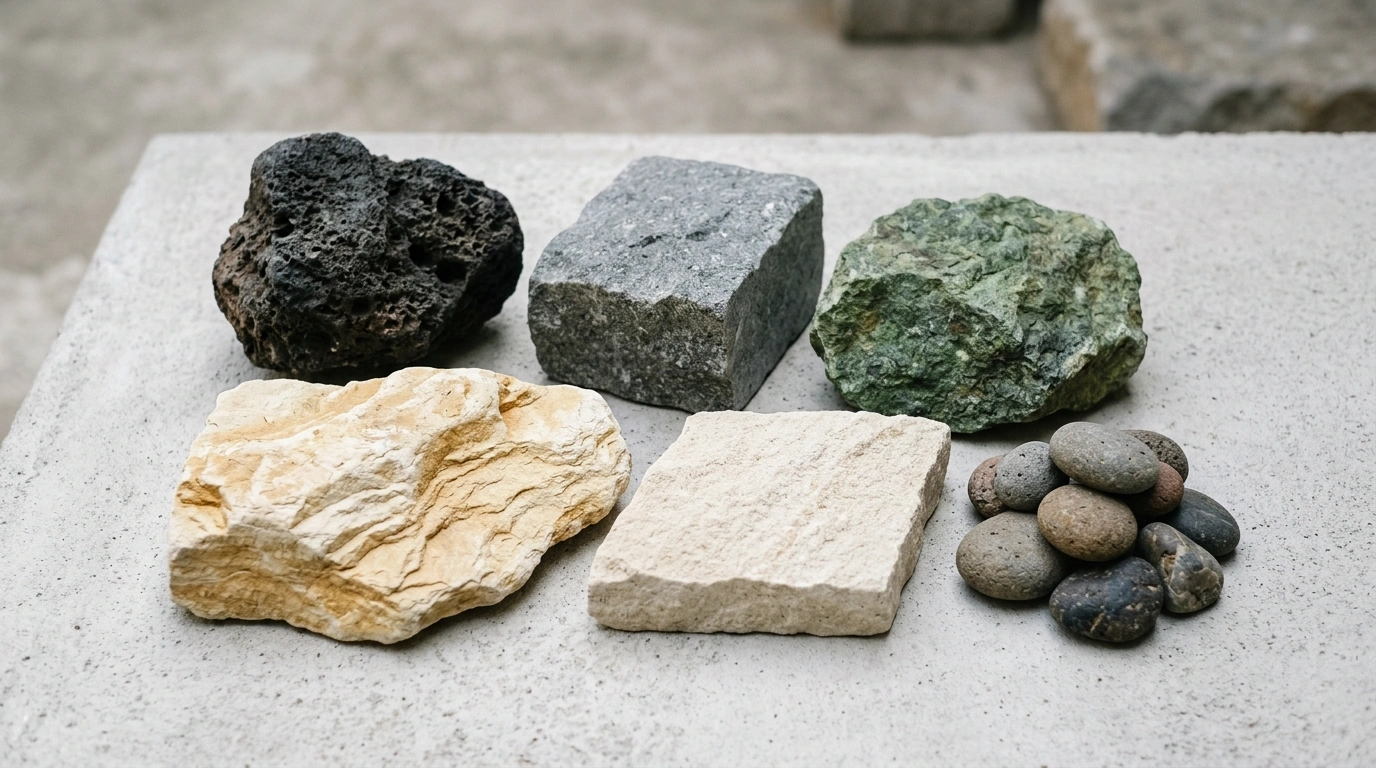 Samples of the range arranged in a row on a pale slab, from black volcanic stone through grey and green to the pale stones, with pebbles at the end