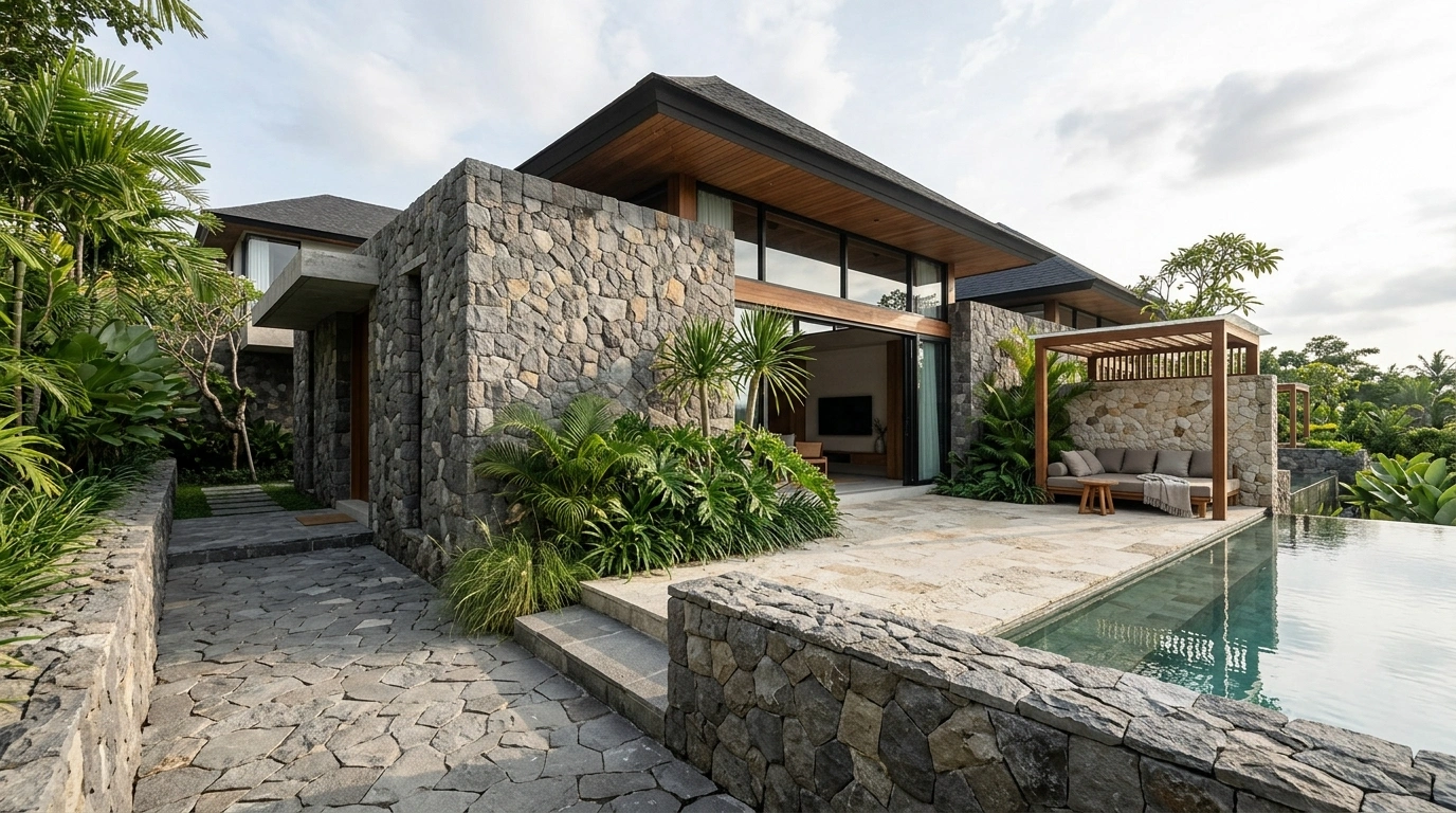 Villa clad in split-face stone beside a pool, with stone paving across the terrace and a timber pergola over the seating