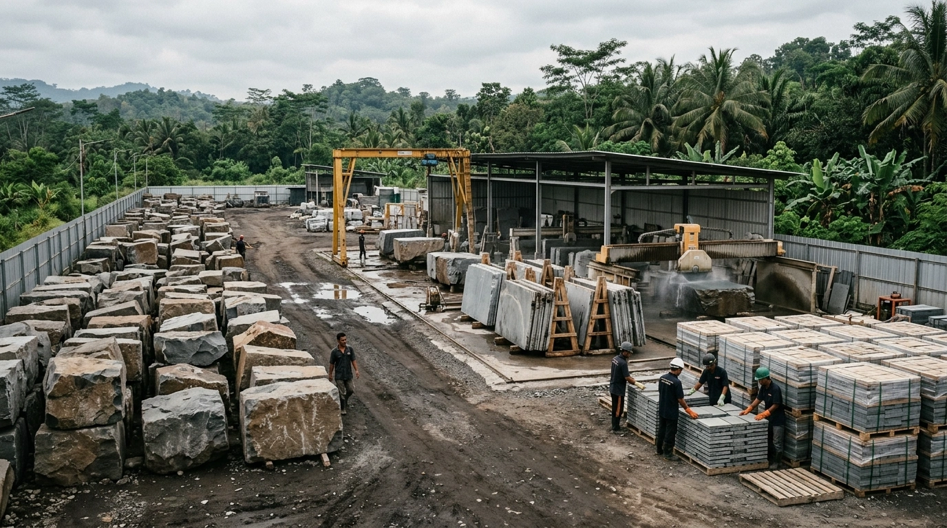 Production yard with blocks stacked at the left, a gantry crane over the cutting area, and workers sorting paving onto pallets in the foreground