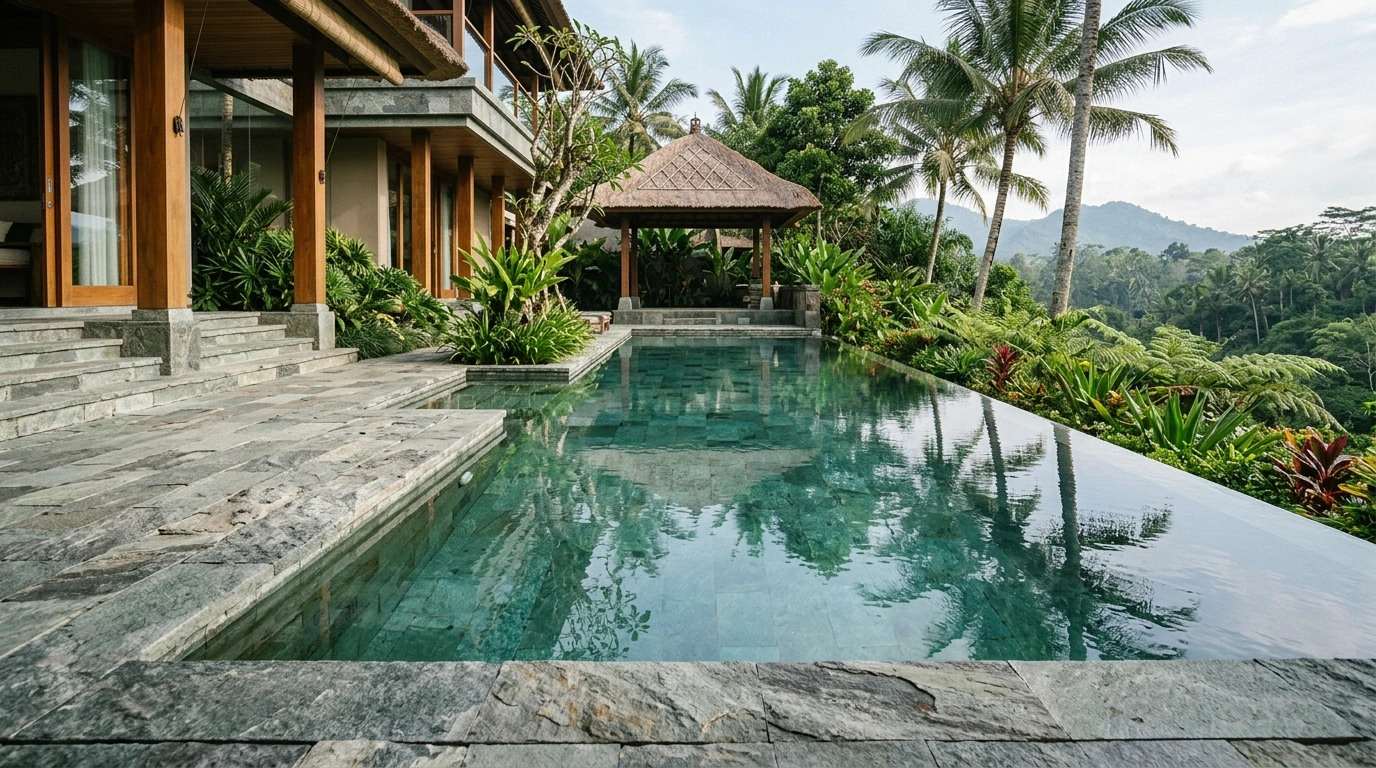 Infinity pool with stone coping and stone paving around the deck, a timber house and a thatched pavilion at the edge, and the valley beyond