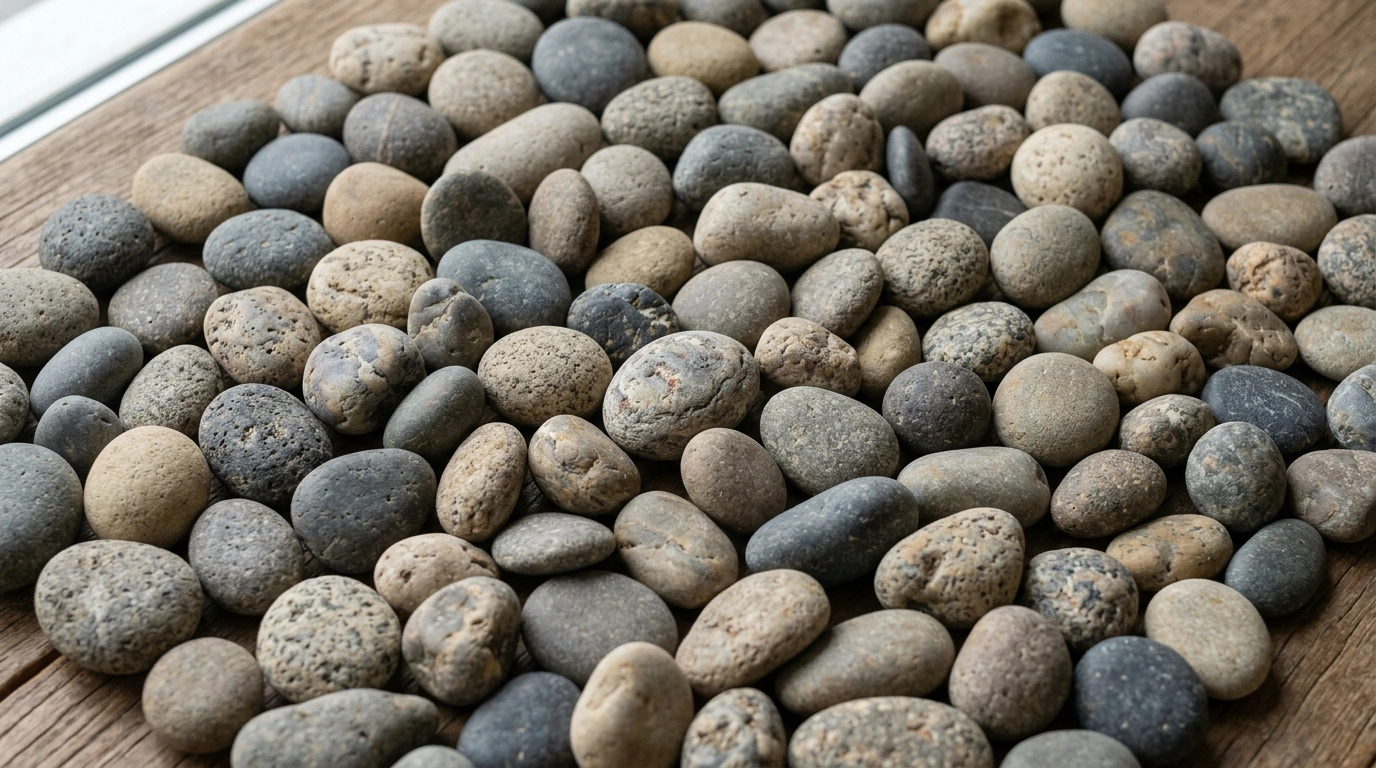 Graded pebbles seen close up, showing the mix of grey, black and brown stones inside one size range