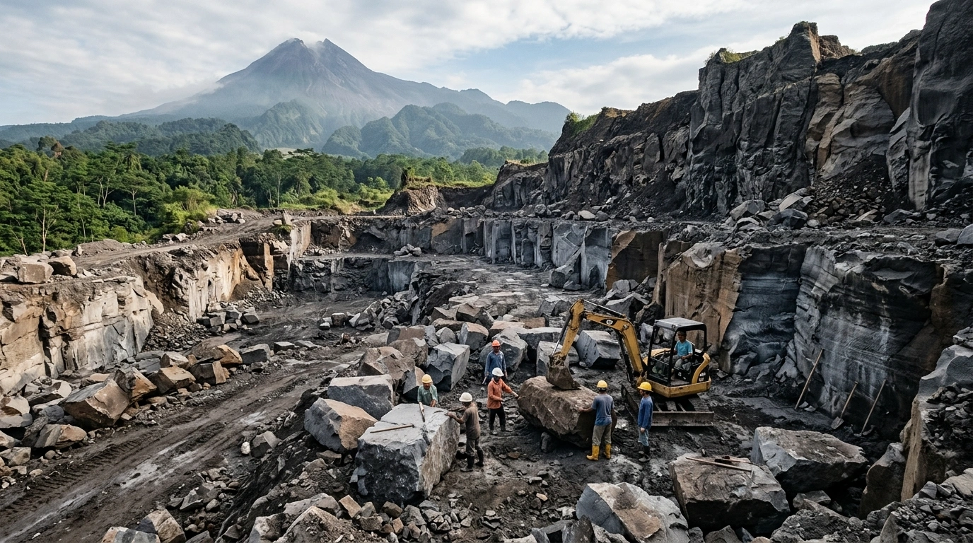 Cut benches of volcanic stone at the quarry, with workers standing between the blocks, an excavator on the upper level and a volcano on the horizon