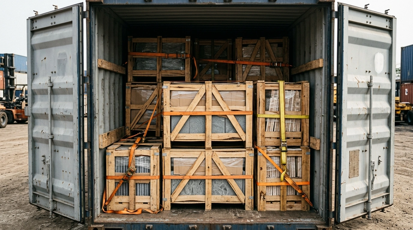 Open container with the crates of stone in place, braced with timber and secured with orange lashing straps