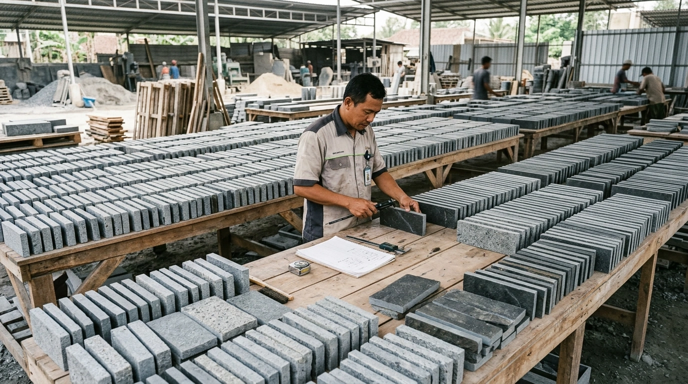 Worker measuring a stone piece with a steel rule at a bench, with bundles of sorted tiles behind him and a check sheet on the bench