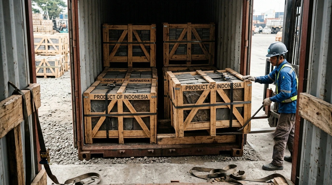 Worker guiding a crated load of stone into a container, with the crates strapped and the container number visible on the side