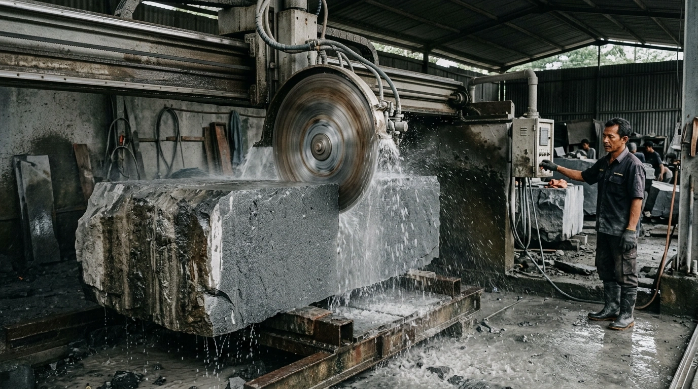 Bridge saw cutting a stone block on the bed with coolant water running across it, and the operator at the control panel to one side