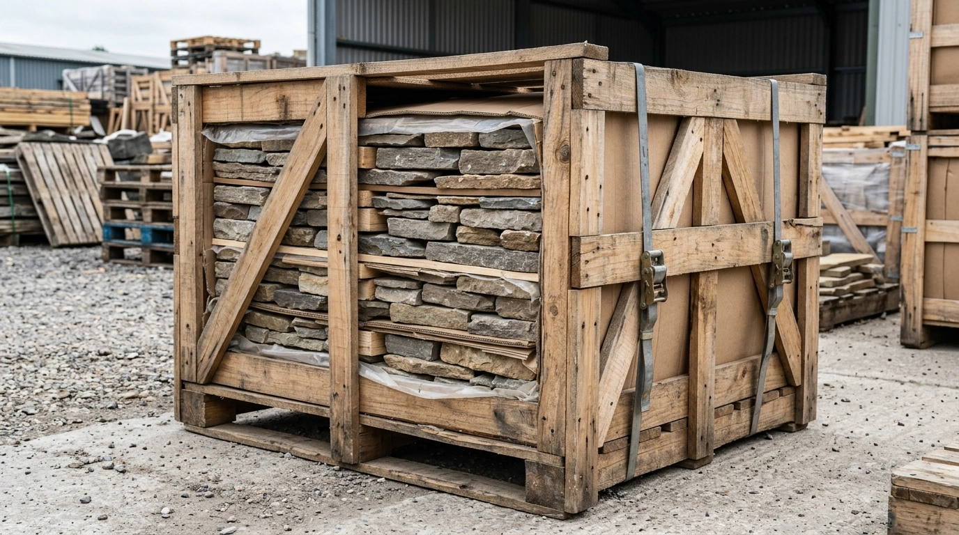 Timber export crate packed with split-face stone, with sheeting between the courses and steel straps tensioned across the face