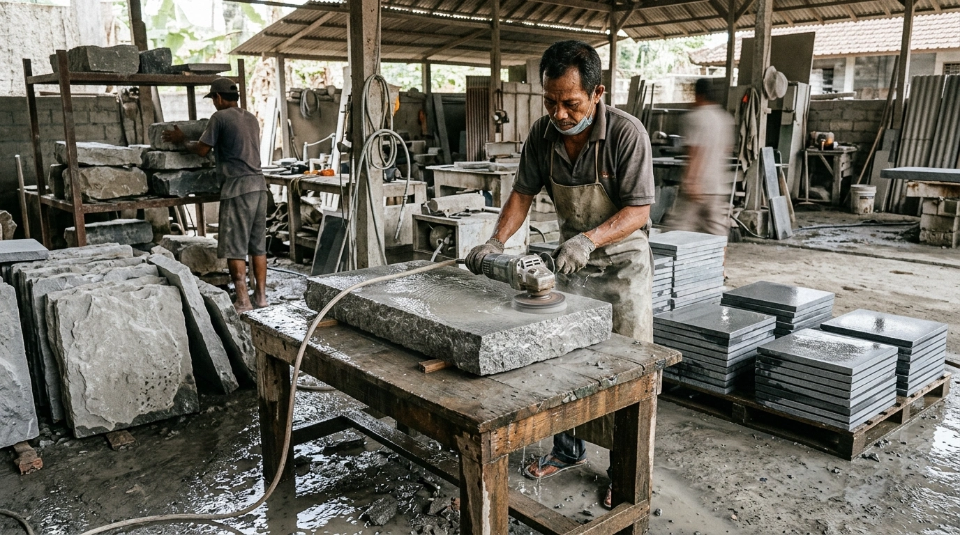 Worker grinding the face of a slab with an angle grinder and a water hose, with finished pieces stacked on a pallet beside him