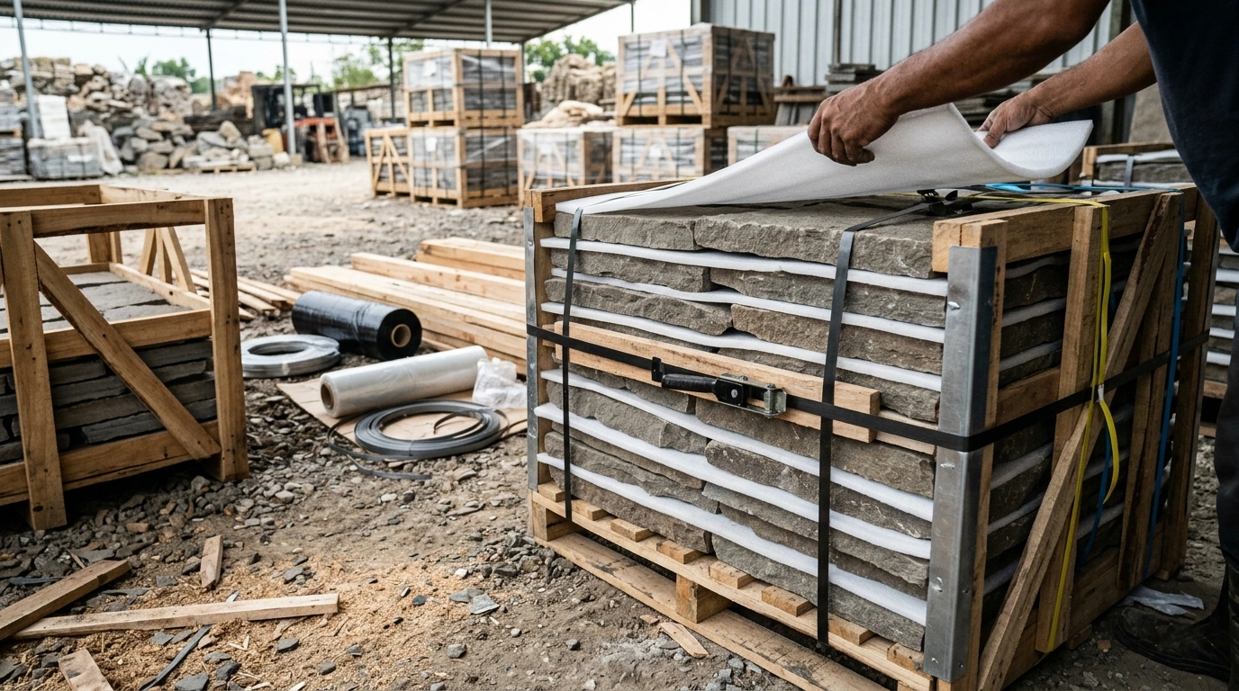Hands wrapping a stack of stone in protective sheeting, with rolls of packing material on the ground and timber crates behind