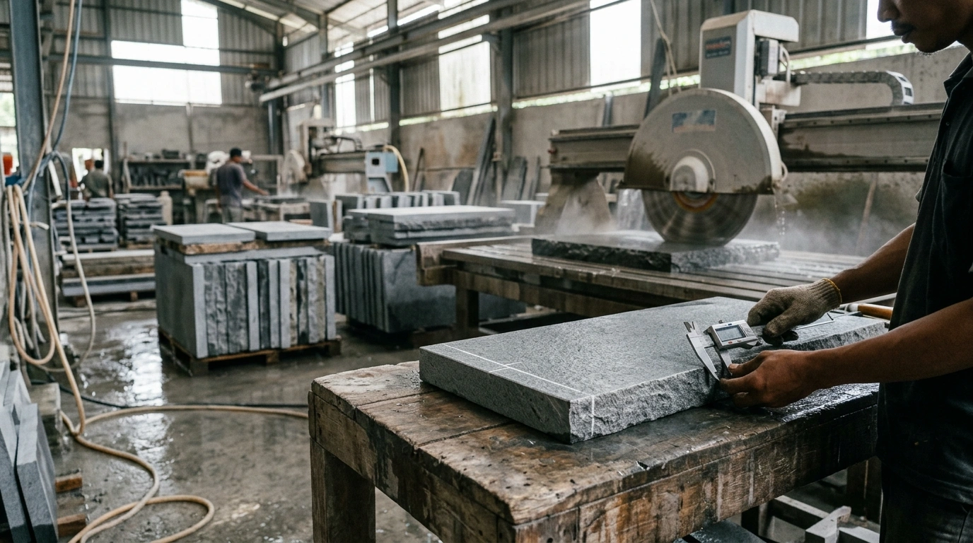 Worker measuring a slab with a digital caliper in the workshop, with the saw and stacked pieces behind him