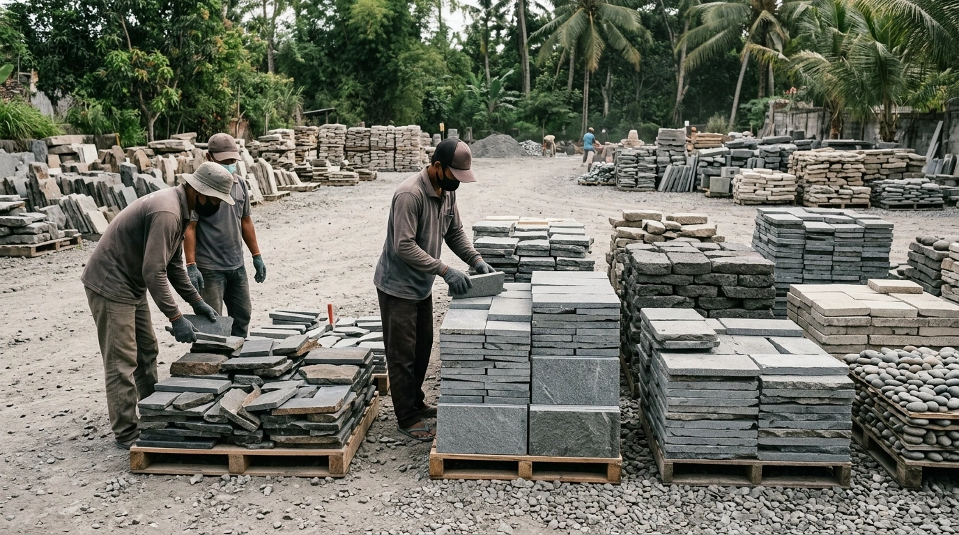 Workers sorting and stacking paving pieces onto pallets in the open yard, with stacks of different formats behind them and palms at the edge of the yard