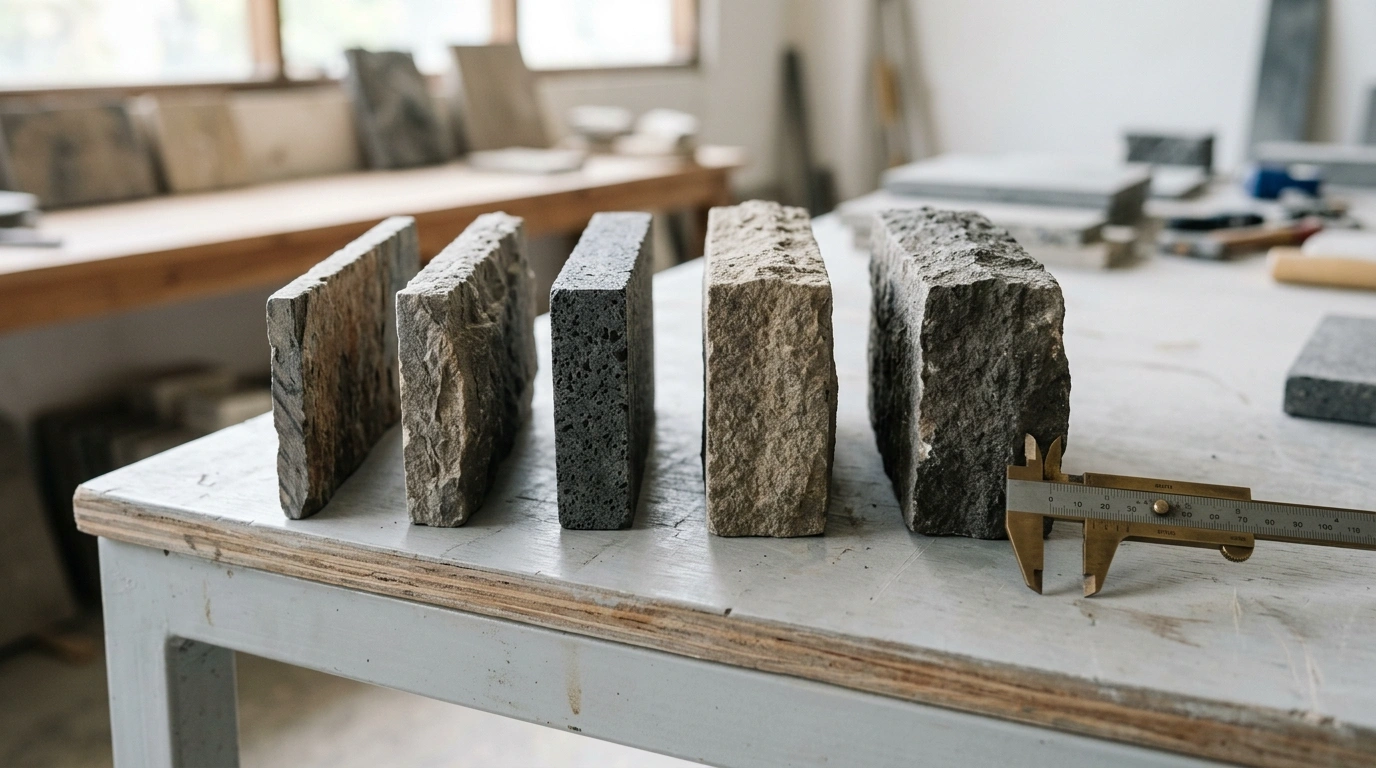Five stone pieces standing on edge on a timber bench with a brass caliper laid beside them