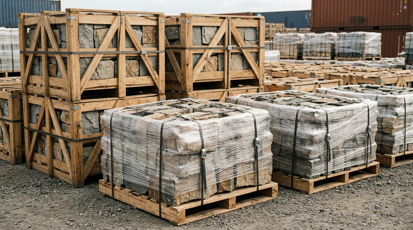 Rows of crated stone on timber pallets in the yard, some wrapped in clear sheeting, with stacked containers behind them