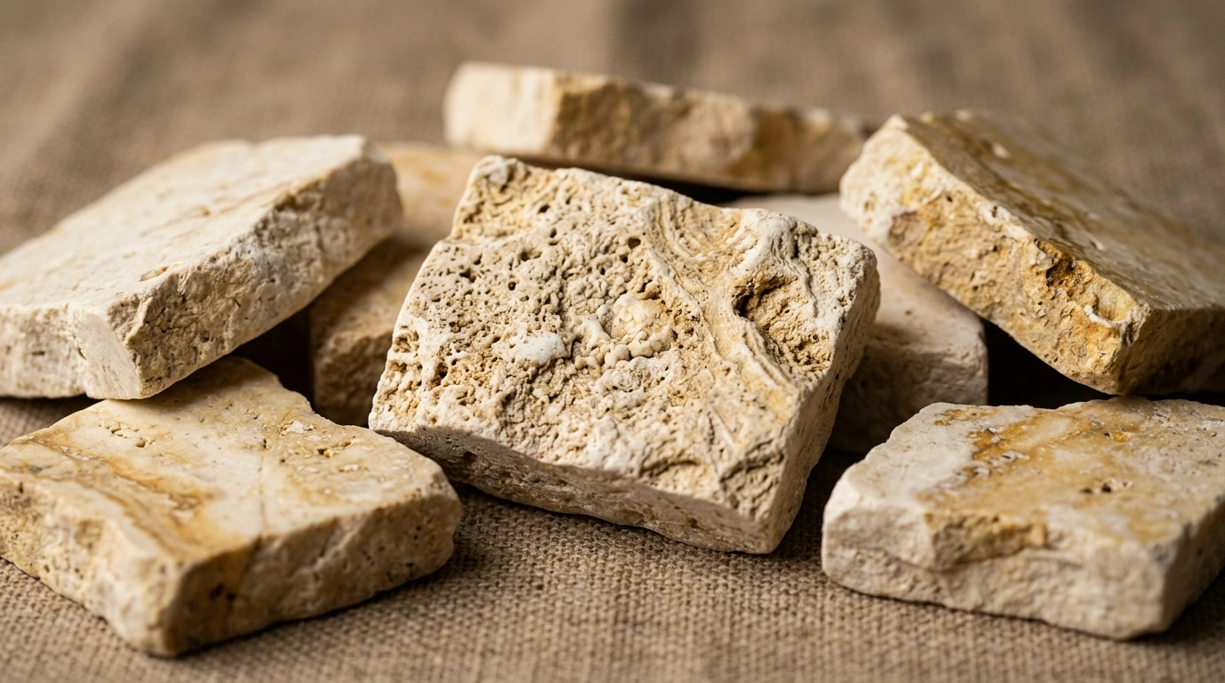 Palimanan Stone pieces seen close up, showing the pale cream tone and the layered, weathered face