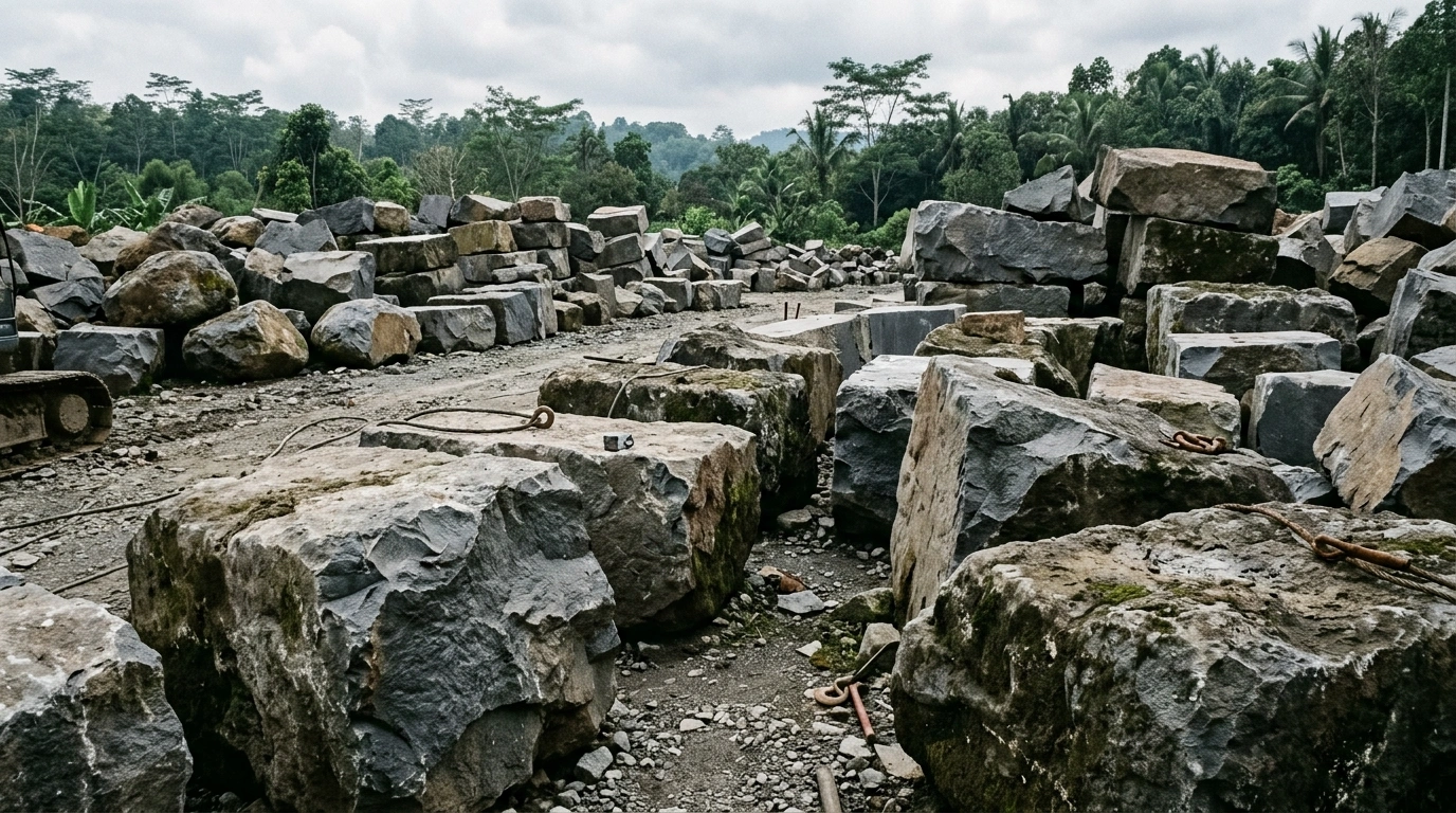 Heaps of raw grey stone blocks in the yard, uncut faces uppermost, with the tree line behind them