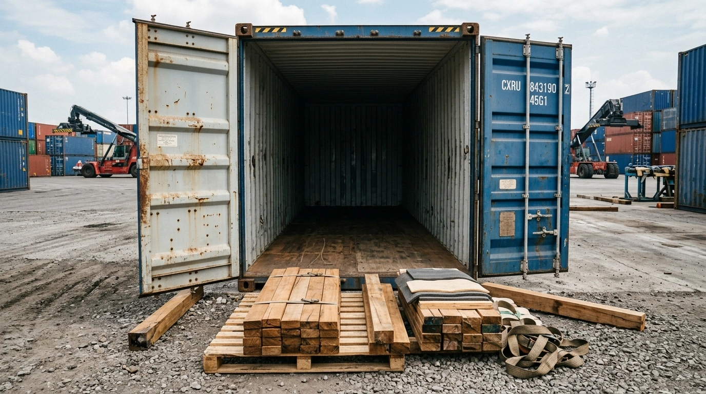 Empty container standing with its doors open on the quay, with timber pallets and lashing materials laid out in front of it