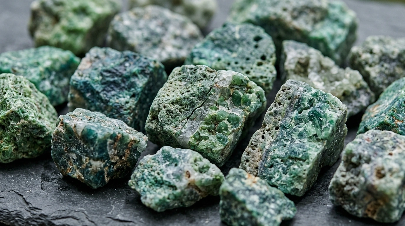 Sukabumi Green Stone pieces seen close up, showing the green tone and how much the surface moves between pieces