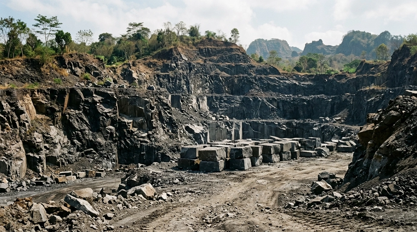 Quarrying volcanic stone in Indonesia, showing the ground and the cut blocks ready for production