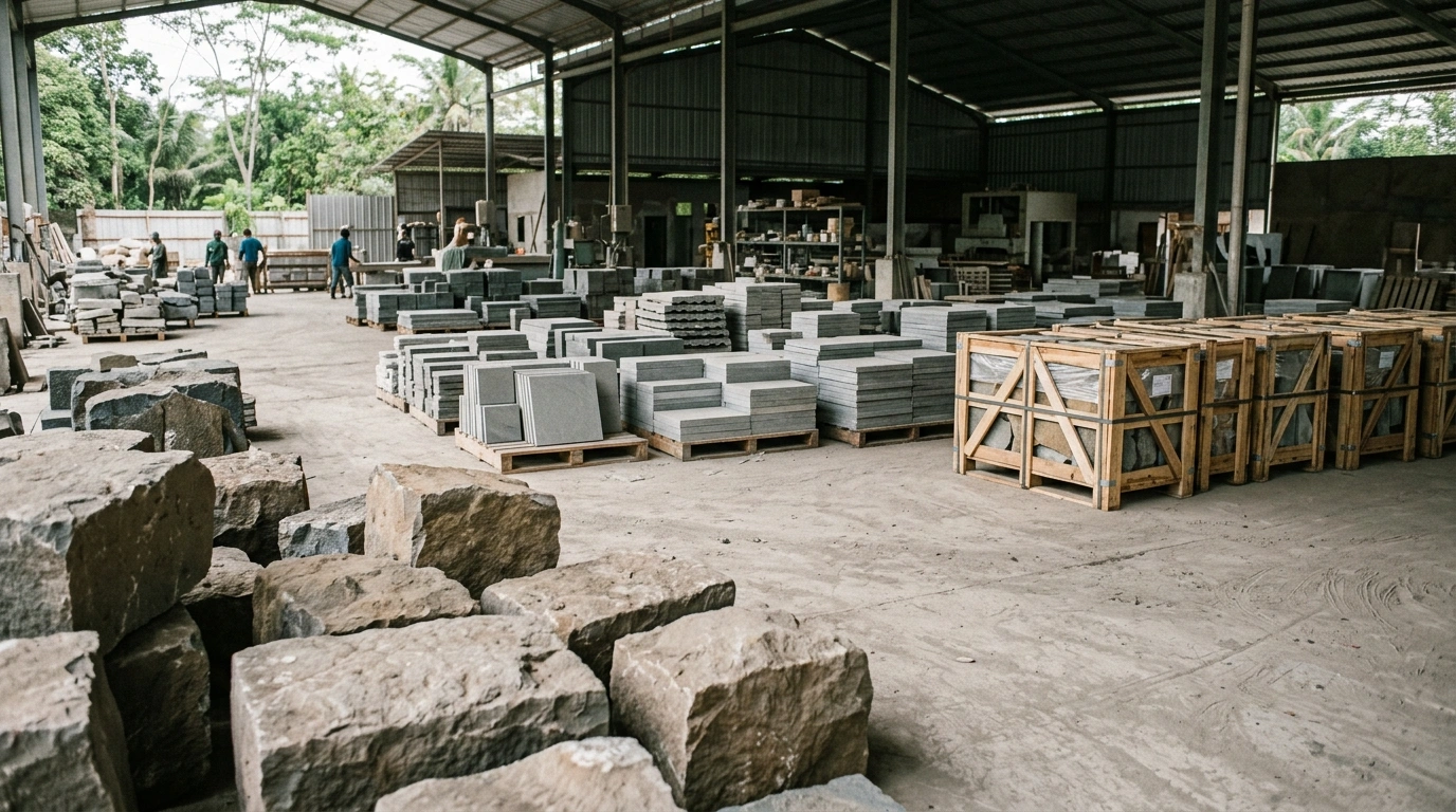 Natural stone packed in crates, ready for loading into a shipping container