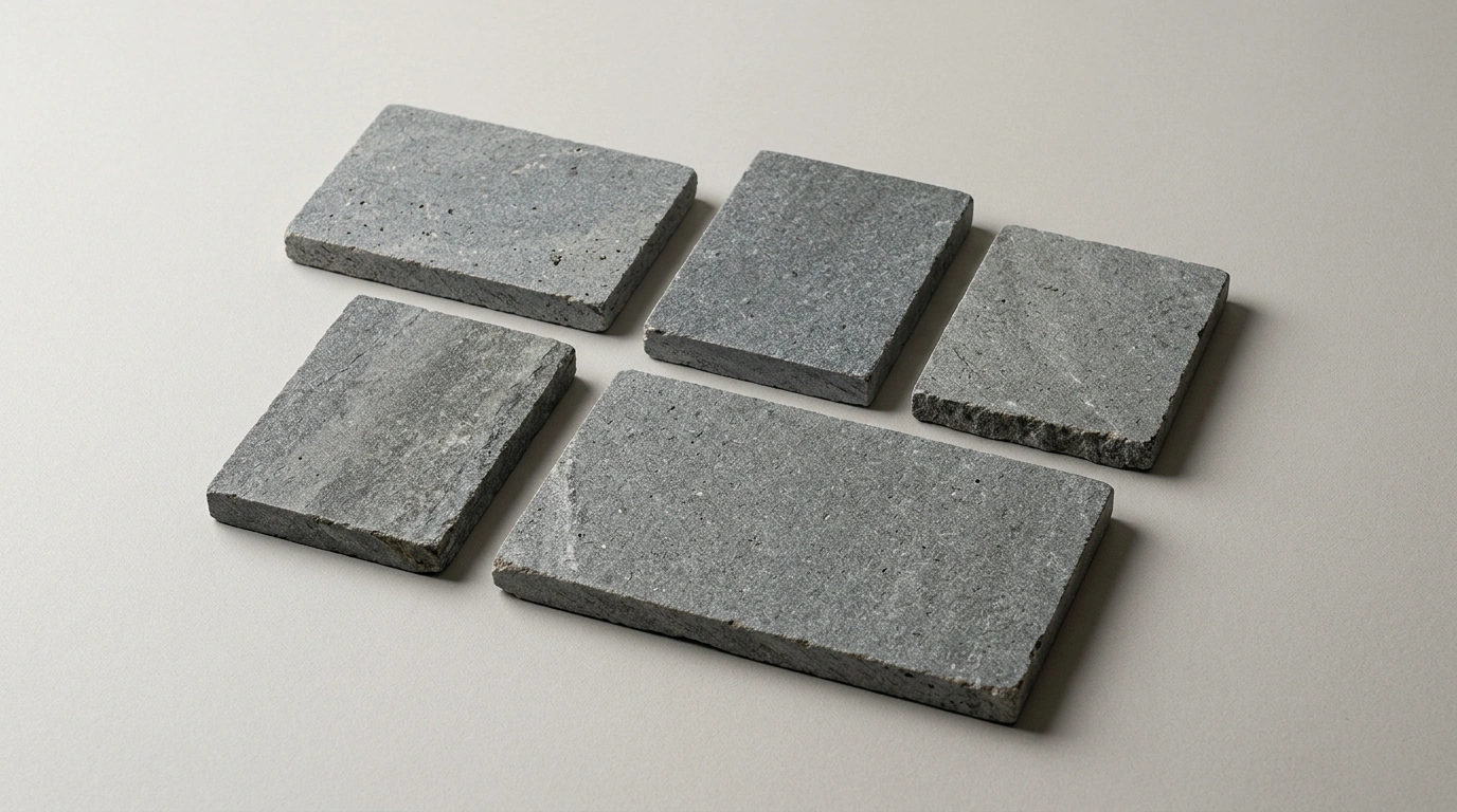 Five Andesite Stone paving pieces on a pale surface, showing the sawn edge and the even grey tone