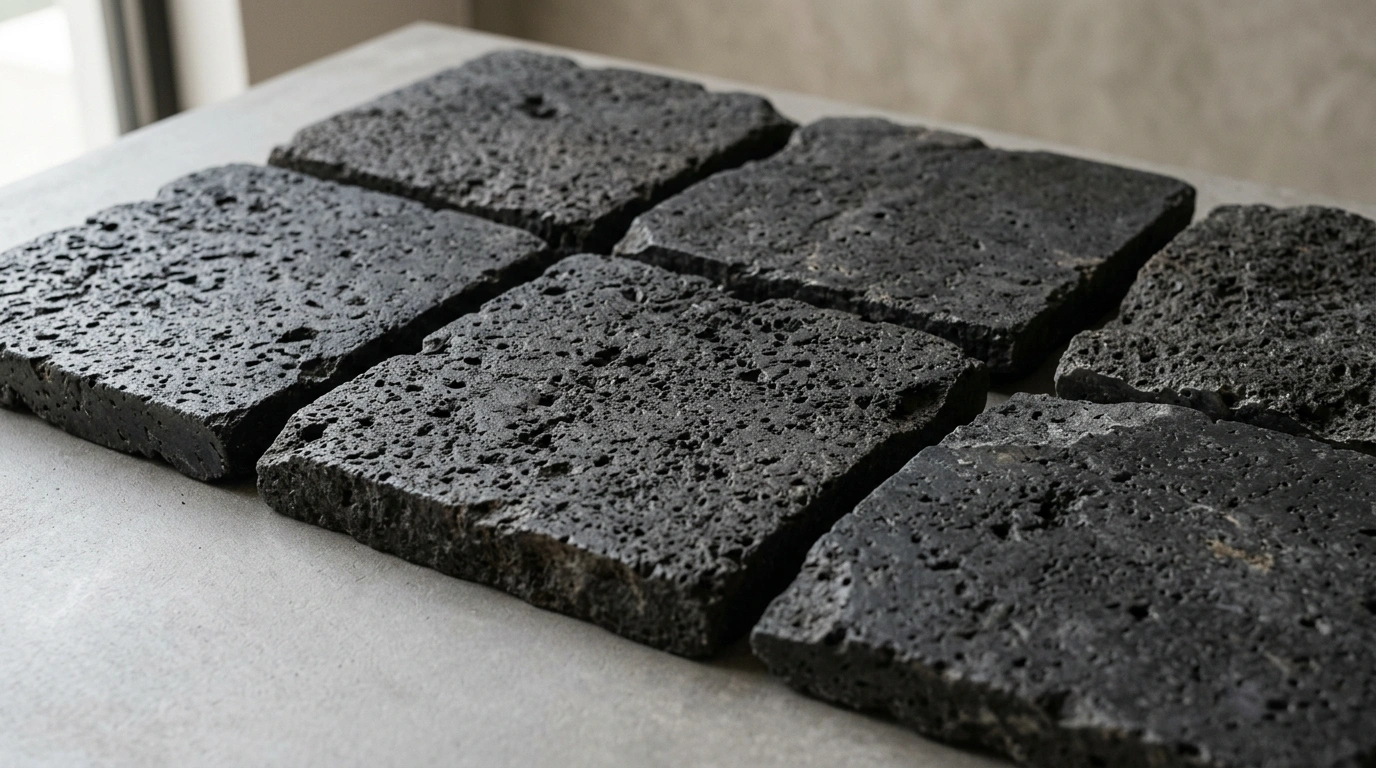 Black Lava Stone tiles laid edge to edge on a pale surface, showing the pitted face of the volcanic stone