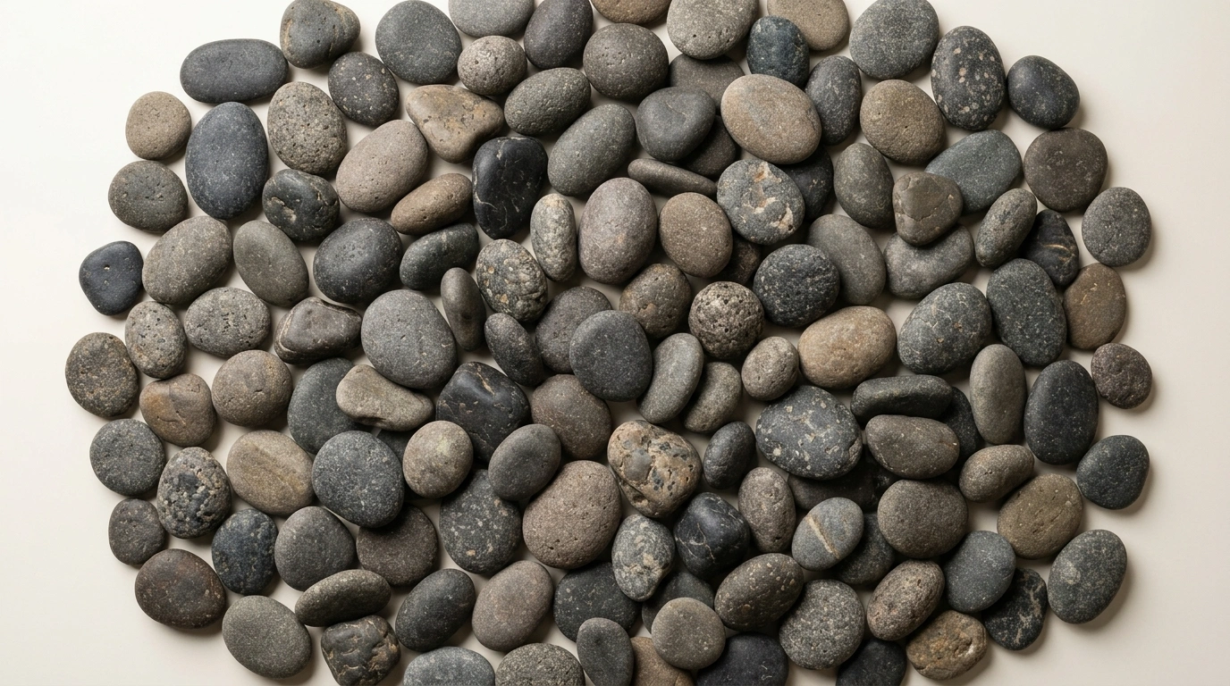 Graded pebbles heaped on a pale surface, showing the mix of grey, black and brown stones within one range