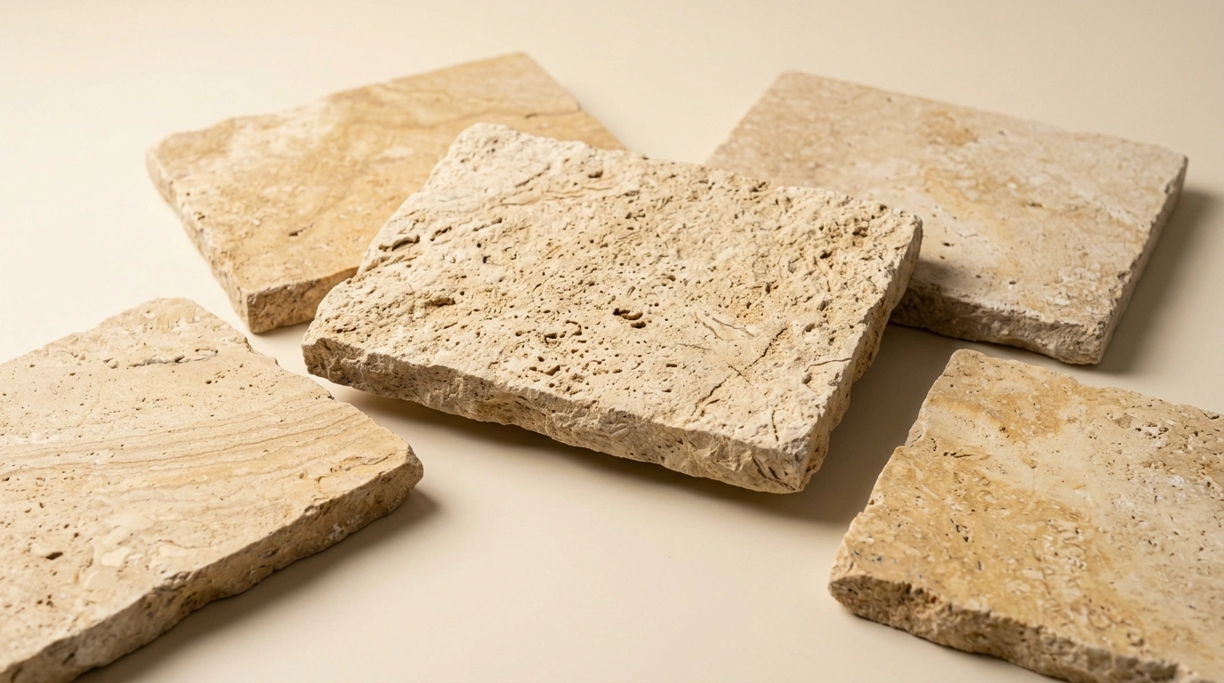 Palimanan Stone pieces on a pale surface, showing the open texture and the tone moving from cream to sand