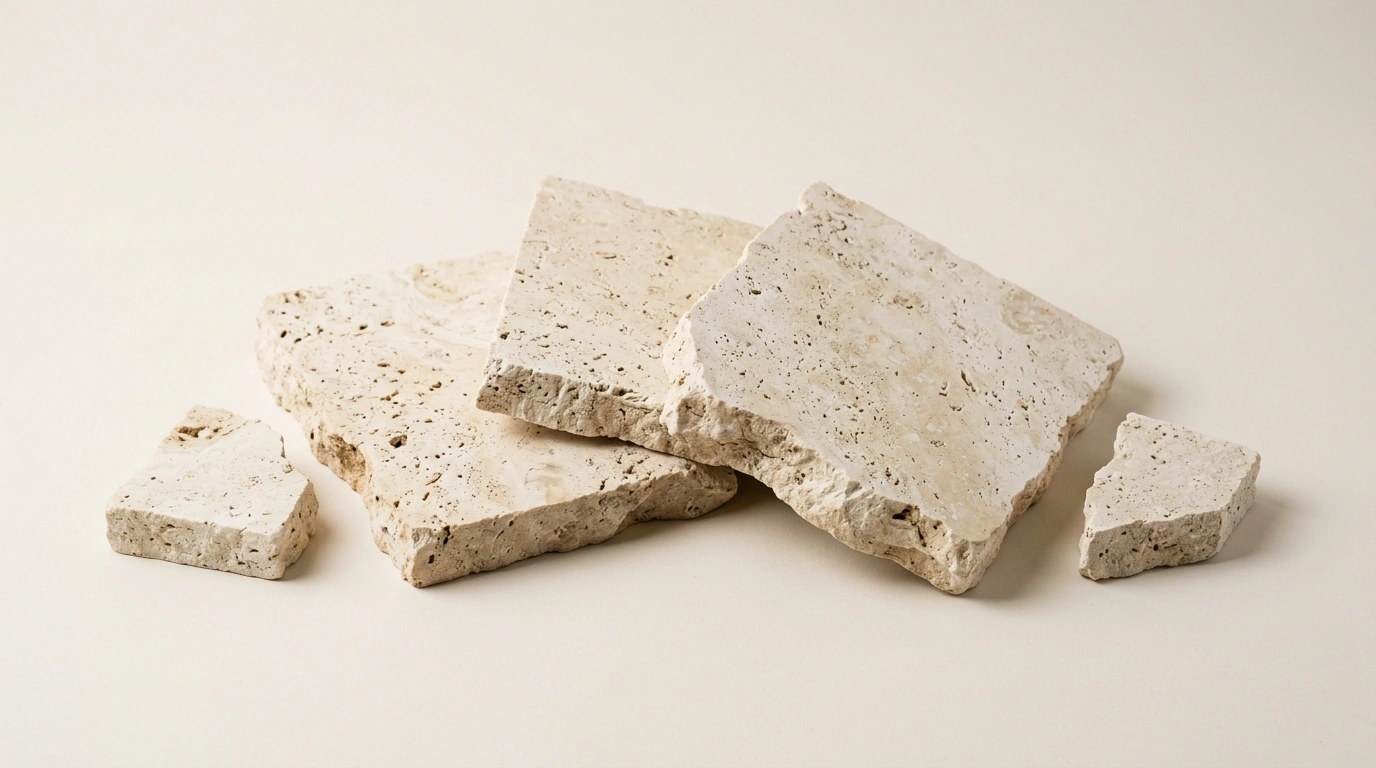 Paras Stone slabs with an open, pitted face, with two broken pieces beside them showing the thickness