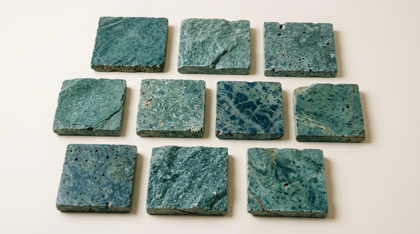 Sukabumi Green Stone sample tiles laid out in three rows, showing how much the tone and the surface move across the stone
