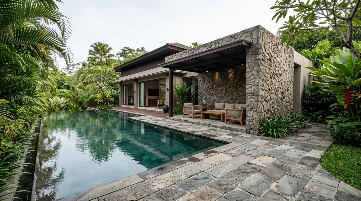 Stone-clad pool pavilion and stone-paved deck beside a swimming pool, with the garden planted up to the paving edge