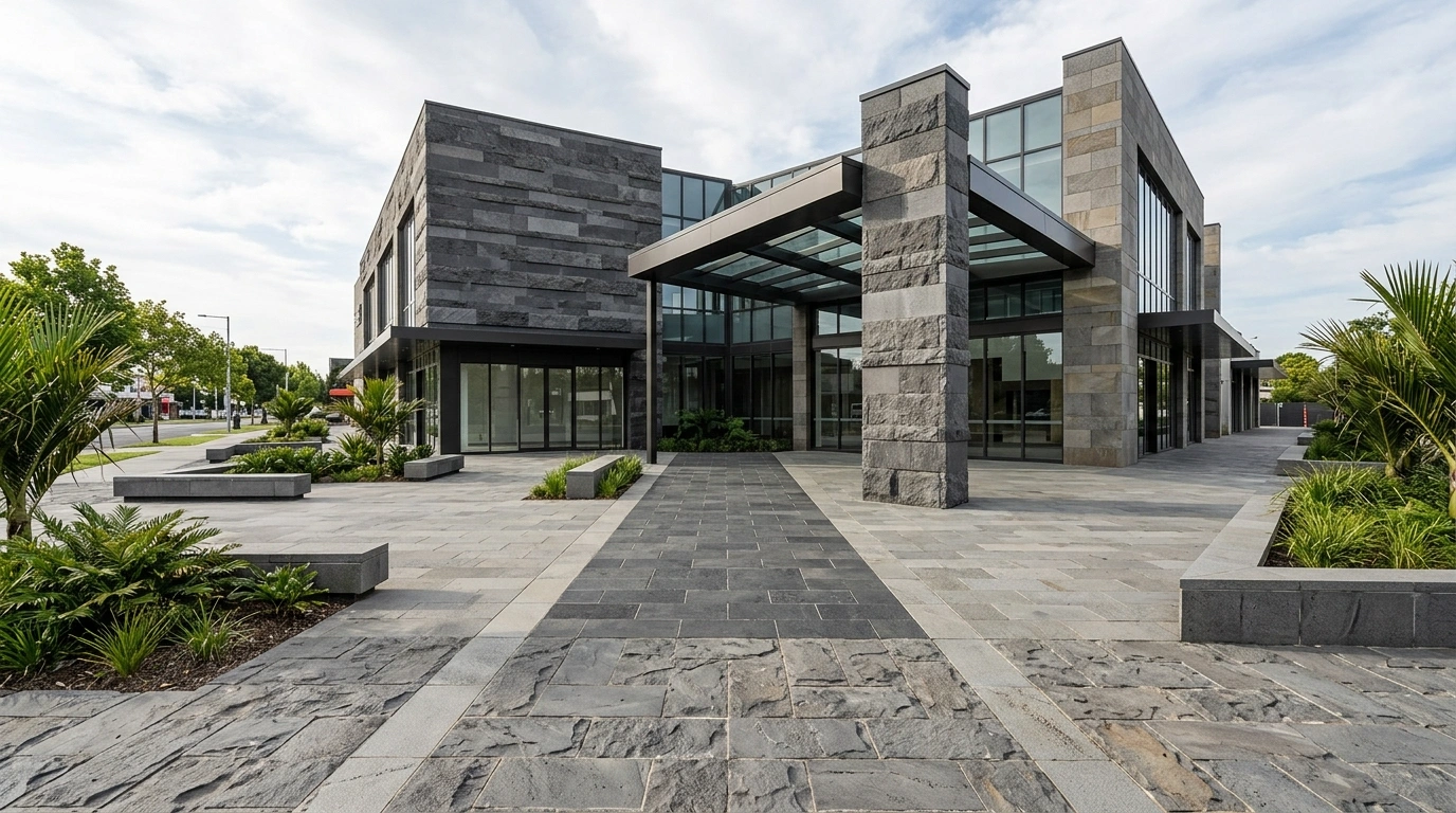 Commercial building with stone-clad columns and a stone-paved plaza in front, laid in two tones with stone planter kerbs