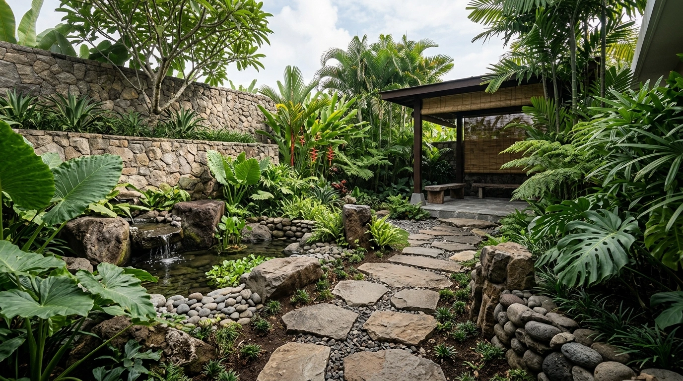 Garden path of irregular stone flags laid through pebble beds, beside a dry stone retaining wall and a small water feature